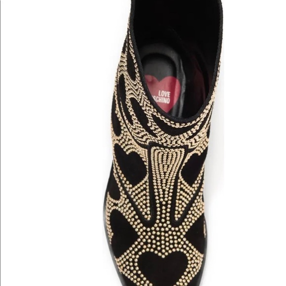 New! Love Moschino Gold Studded Hearts Slip On Black Leather Boots Sz 38 - Picture 5 of 6